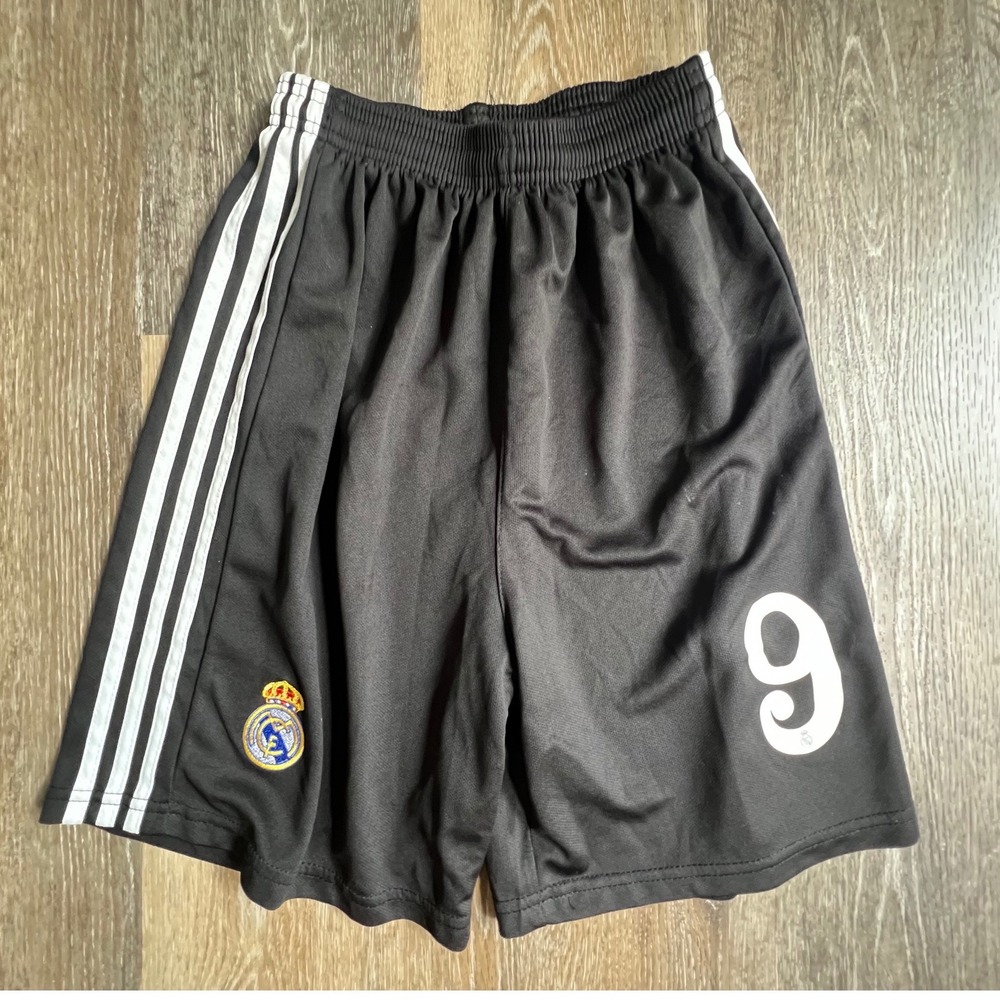 Real Madrid Soccer Shorts Kids Large Black White Stripe Number 9 Athletic